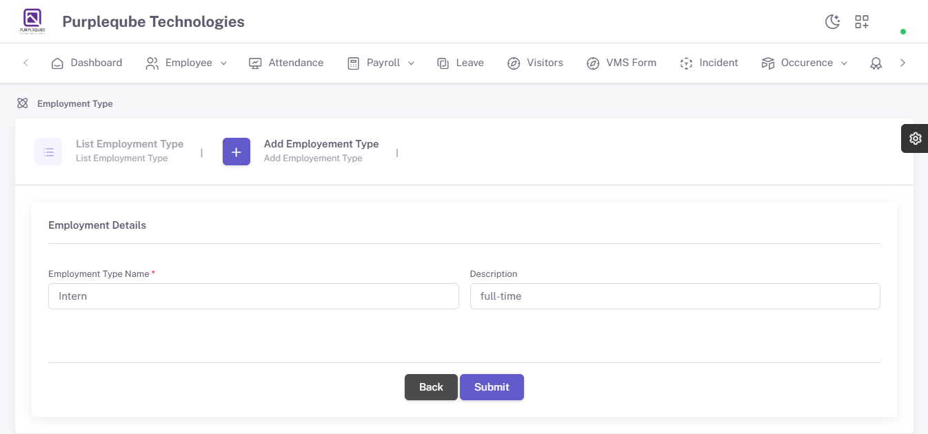 Add Employment Type form with Employment Type Name and Description input fields